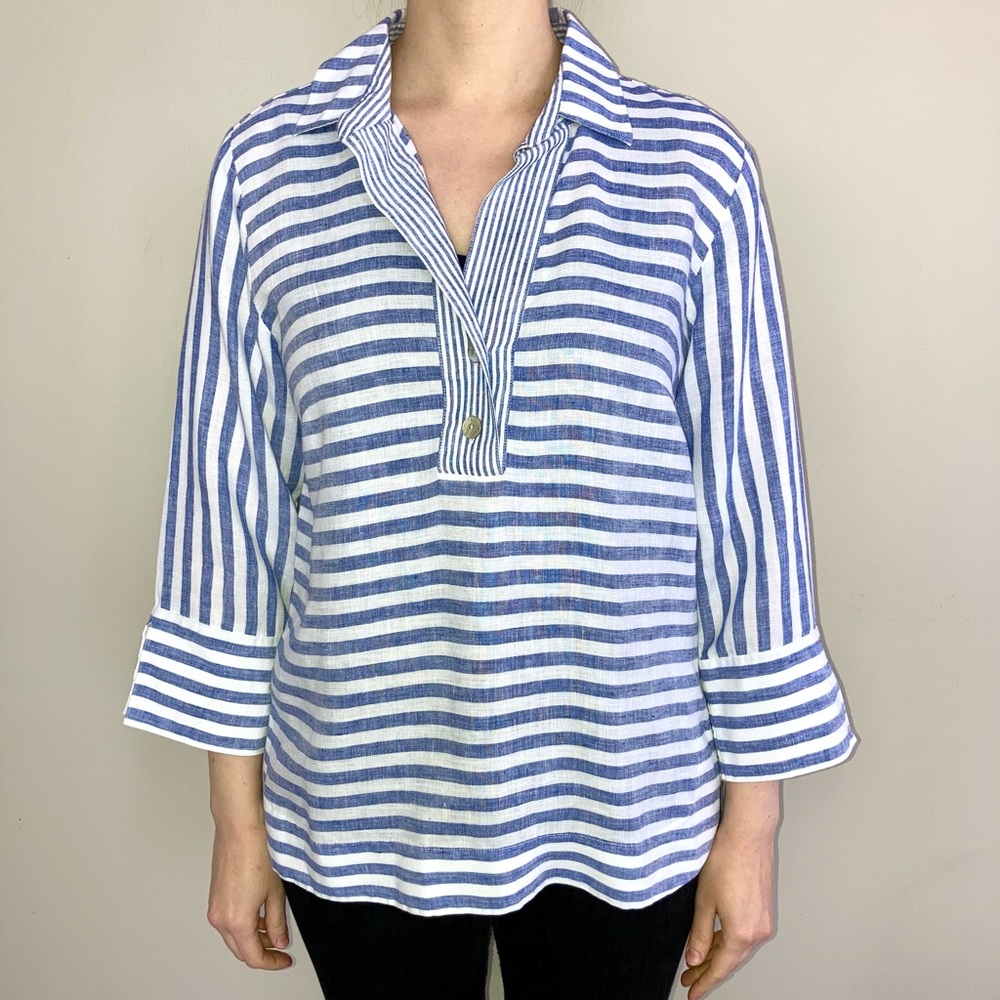 Hinson Wu Luxe Linen Aileen 3/4 sleeve striped blouse. 💙